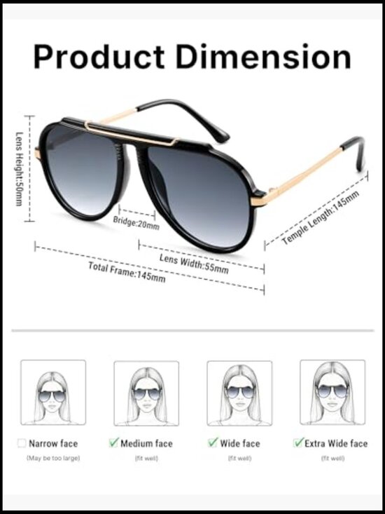 Oversized Aviator Sunglasses with Tangle Free Top Bar Design main image 5